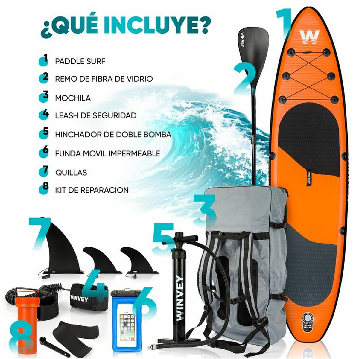 Uppblåsbara Paddle Surfbräda med tillbehör Winvey SUP-O Orange