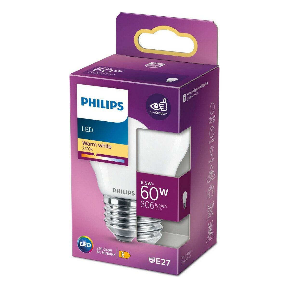 LED-lampa Philips E 6,5 W 60 W E27 806 lm 4,5 x 7,8 cm (2700 K)