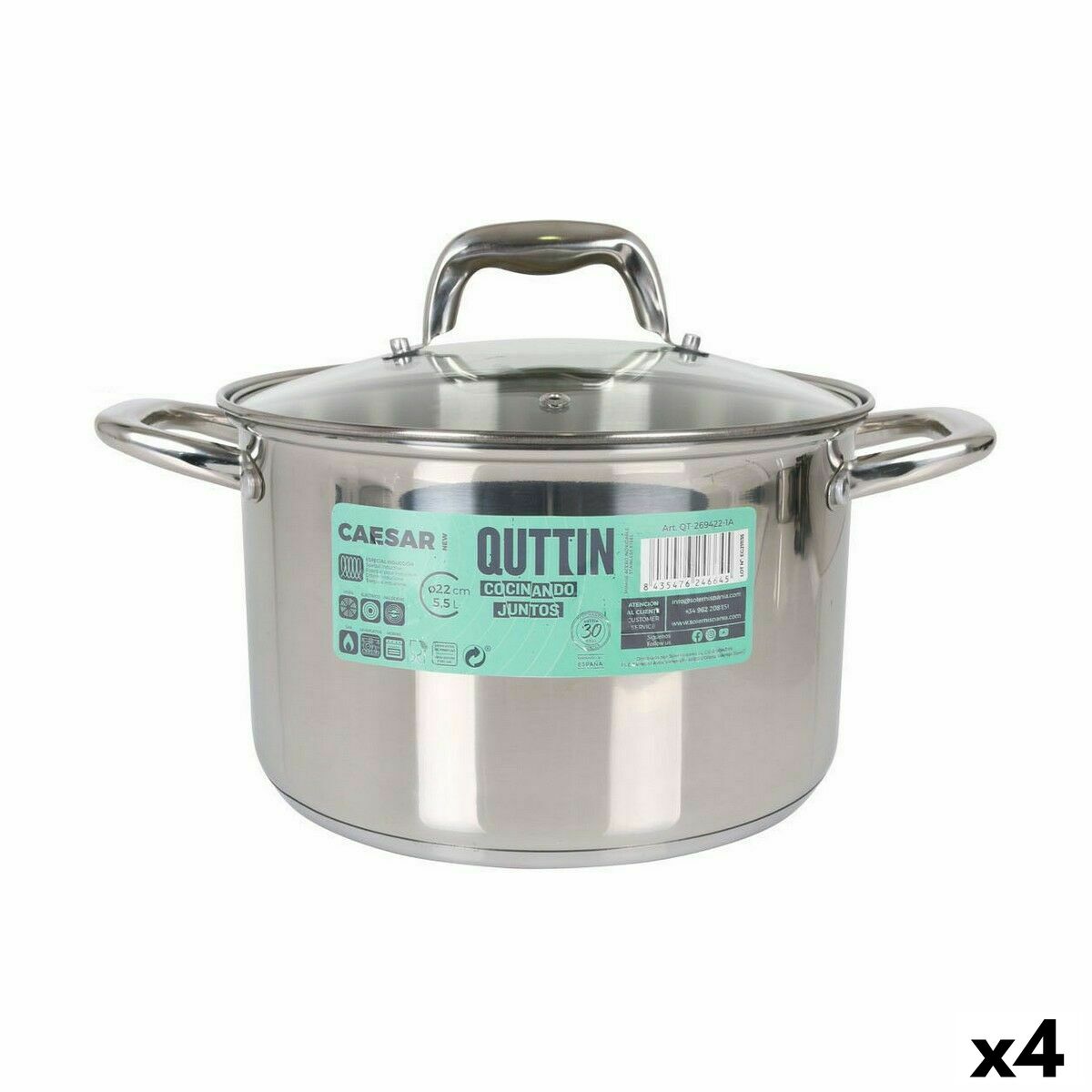 Kastrull med glaslock Quttin Caesar Stål ø 22 x 14,5 cm (4 antal)