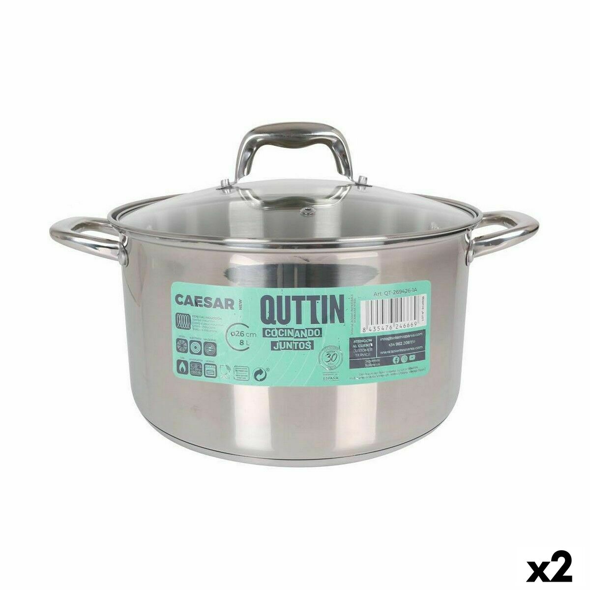 Kastrull med glaslock Quttin Caesar Stål ø 26 x 15,5 cm (2 antal)