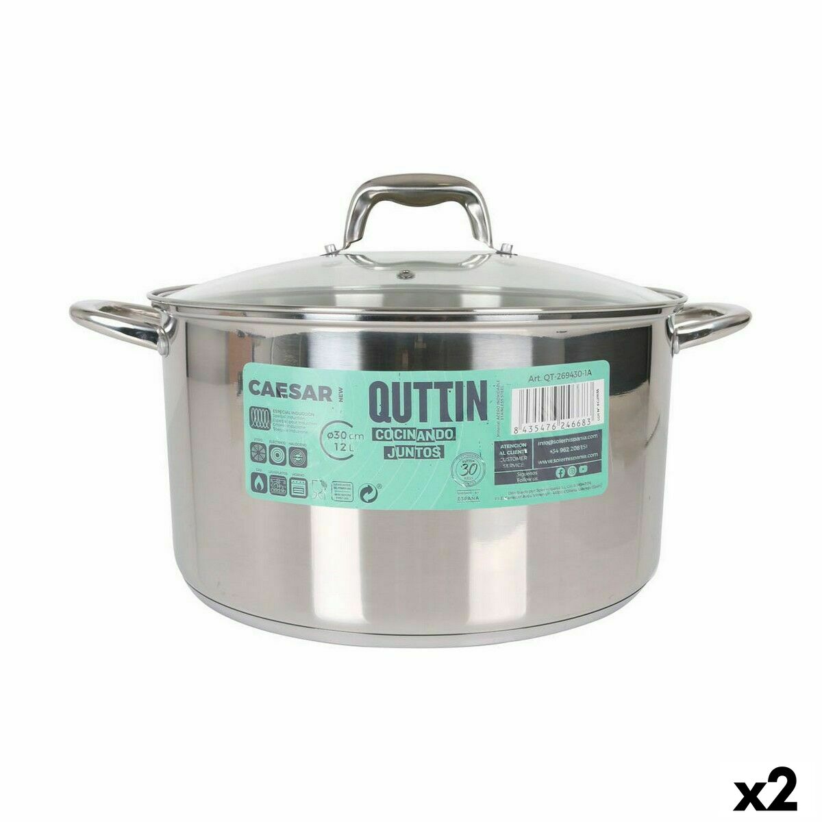 Kastrull med glaslock Quttin Caesar Stål ø 30 x 17,5 cm (2 antal)