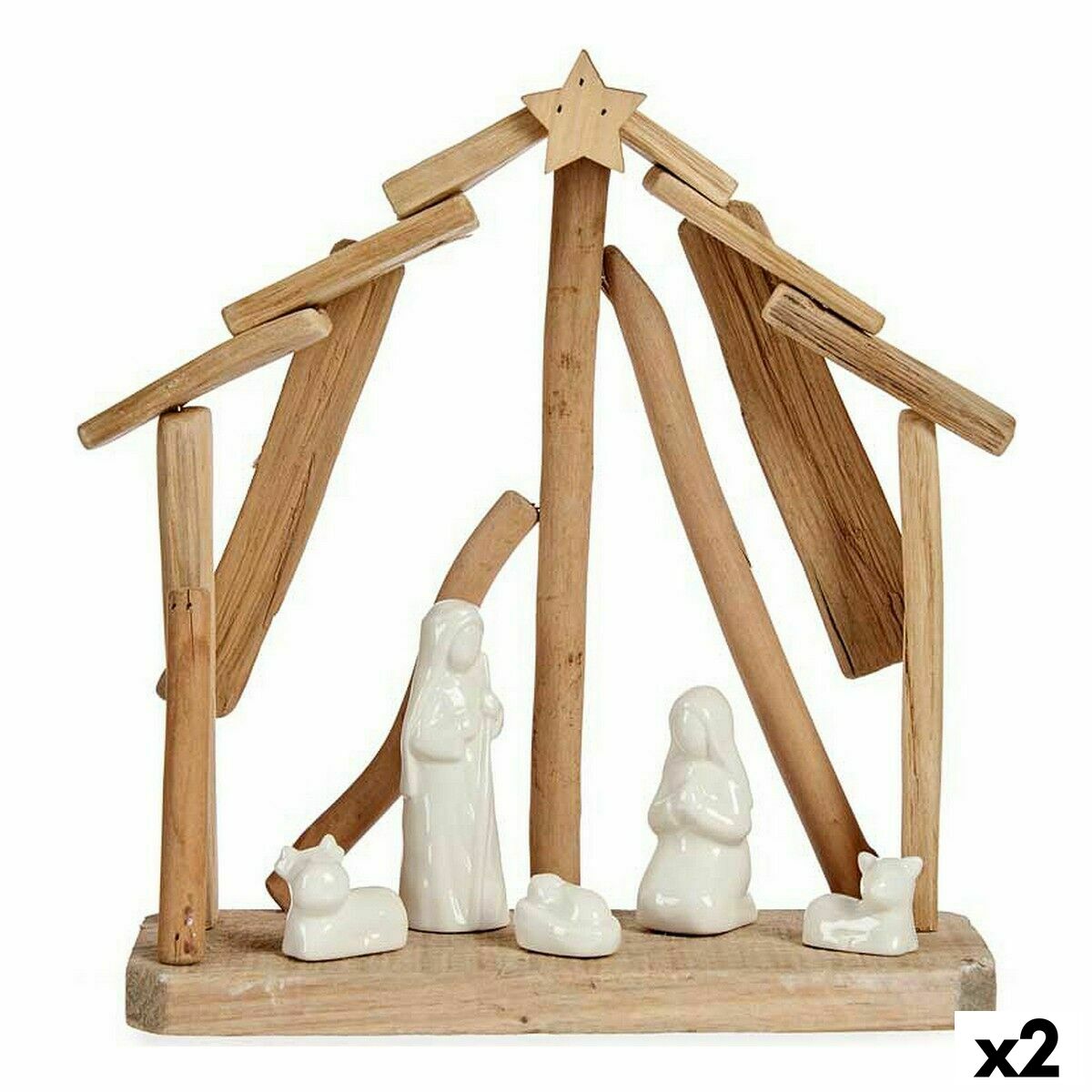 Julkrubba-set Keramik Brun Vit 2 antal 25 x 28 x 10 cm Naturell Trä (2 antal)