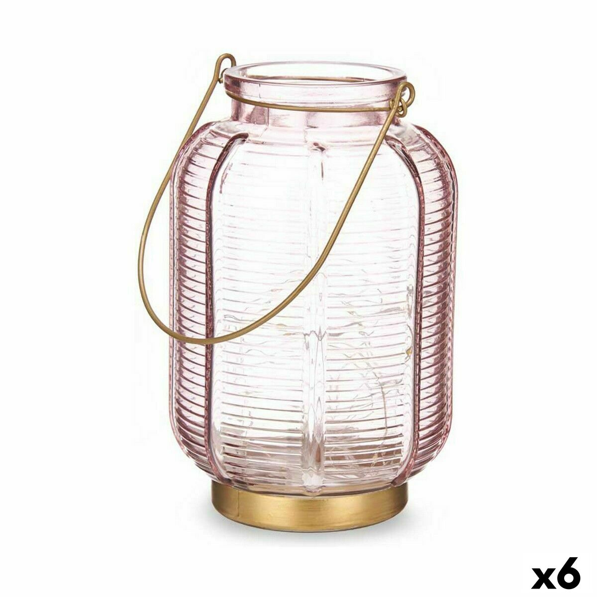 LED-lykta Ränder Rosa Gyllene Glas 13,5 x 22 x 13,5 cm (6 antal)