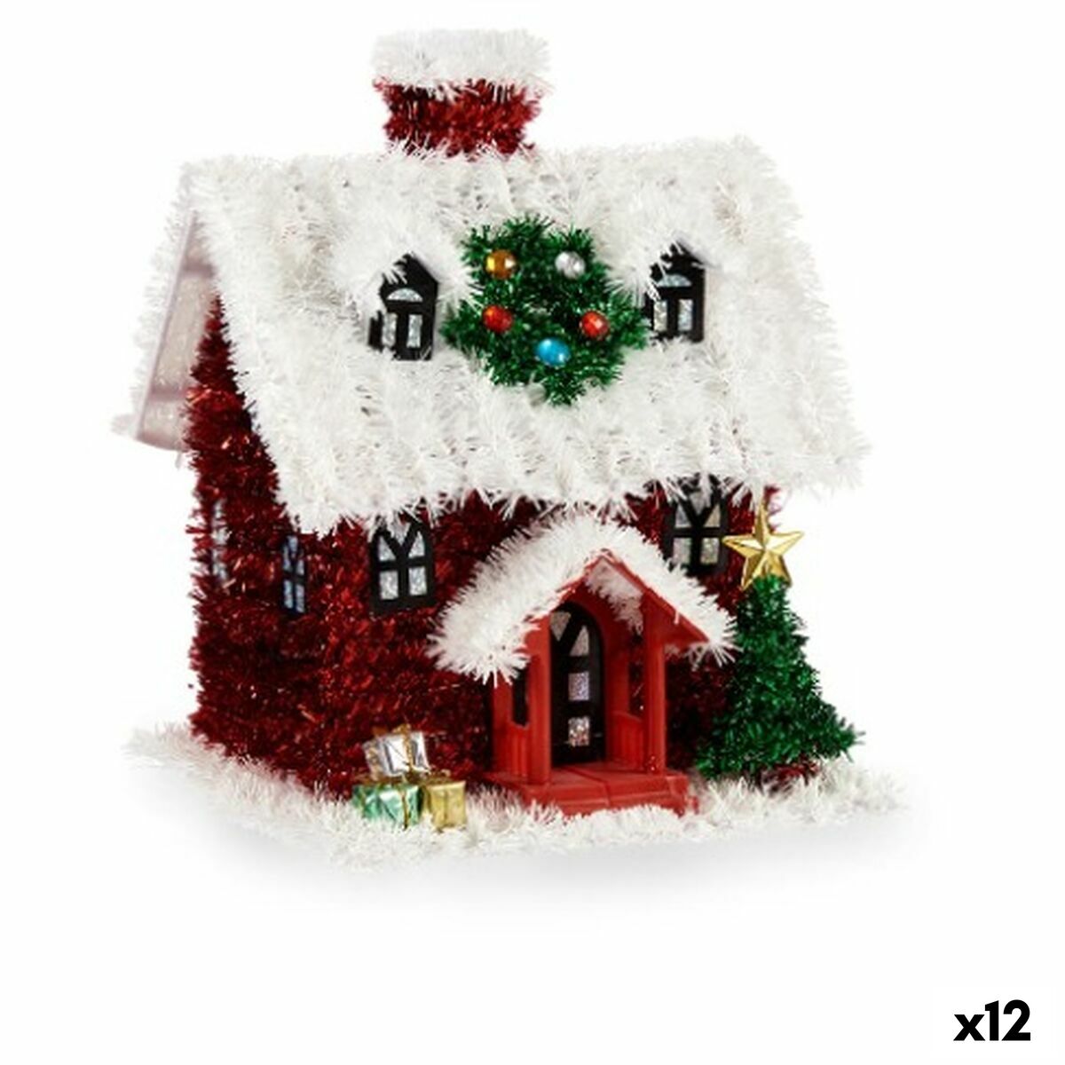 Prydnadsfigur Hus Glitter Vit Röd polypropen PET 19 x 24,5 x 19 cm (12 antal)