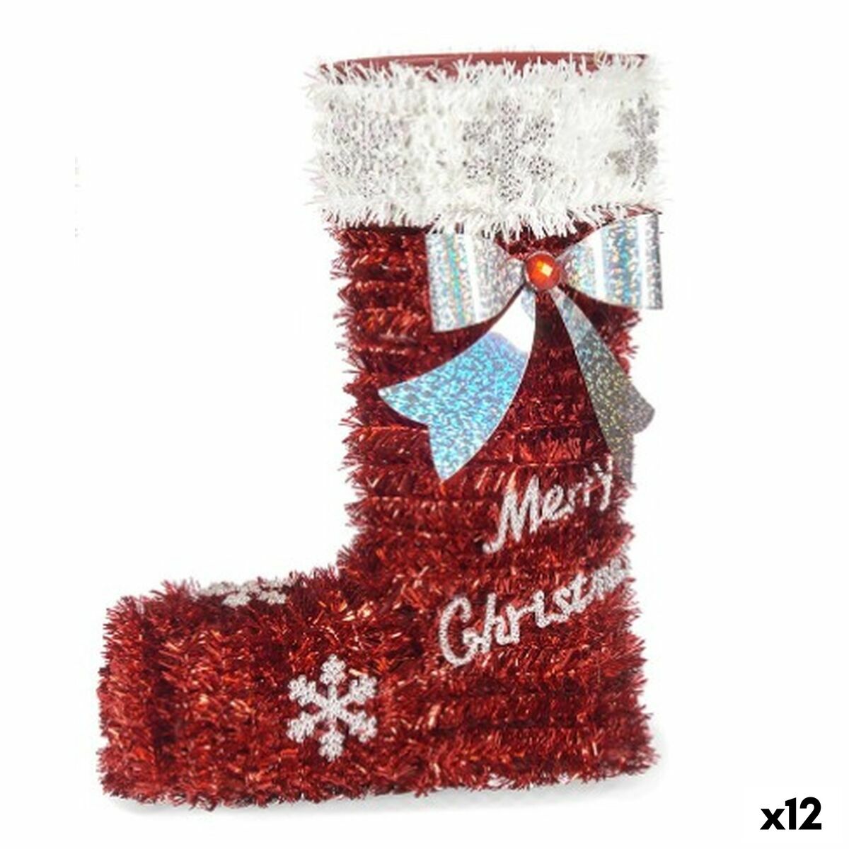 Prydnadsfigur Julstrumpa Glitter Vit Röd polypropen PET 18 x 23 x 8 cm (12 antal)