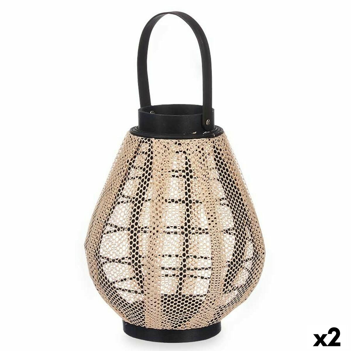 Ljusstakar Lykta Med handtag Beige Trä Tyg 25 x 30 x 25 cm (2 antal)