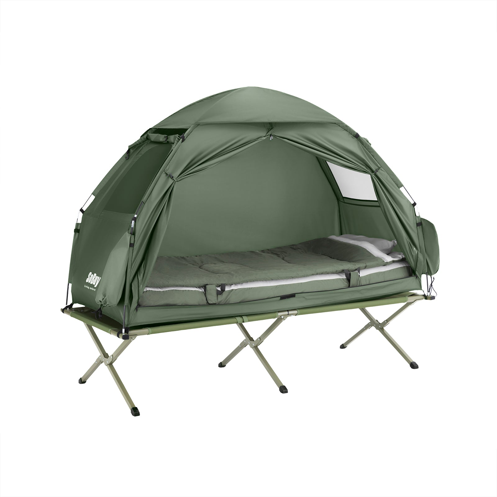 Enmanstält Campingsäng med tält Tältsäng med sovsäck luftmadrass och tillbehör grön OGS32-GR