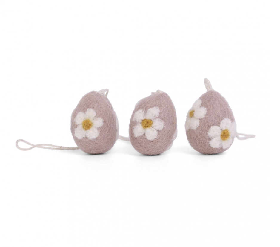 rosa ägg med vita blommor H 3,5 x W 3 cm. set om 3