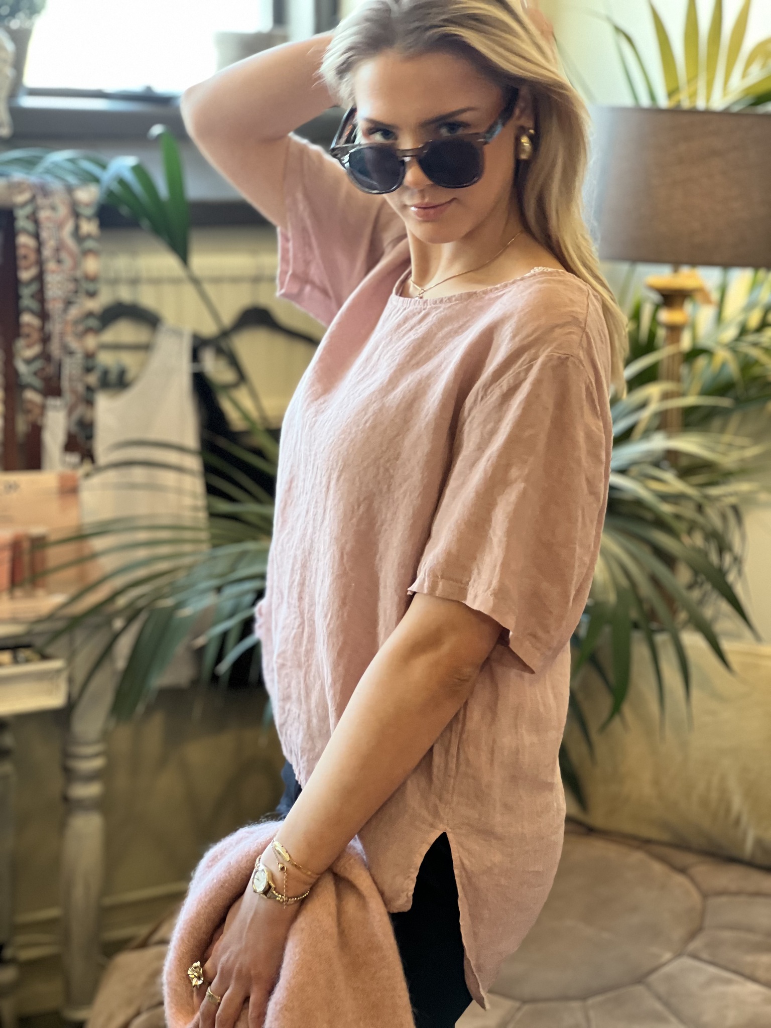 Linen topp always natural by unique kortärm