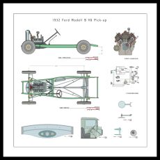 Ford B V8 1932 Drawing 70x70 899 Tavla med ram (svart)