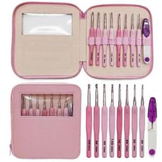 N030 - Set med 8 st. ergonomiska virknålar i snyggt rosa fodral