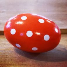 Rött maracasägg med vita prickar