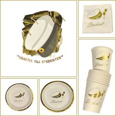Studentpaket Vit/Guld Tallrikar Servetter Muggar Girlang Student