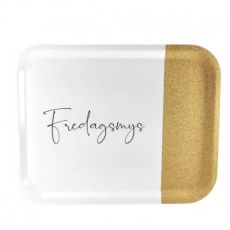 Bricka "fredagsmys" vit med kork 43 x 33 cm