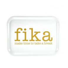 Bricka make time fika 27 x 20 cm, vit med guldfärgad text