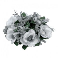 Ljusmanschett jul för blockljus med vita blommor och silverfärgade band