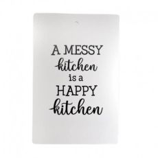 Skärbräda a messy kitchen med en vit sida och en svart sida