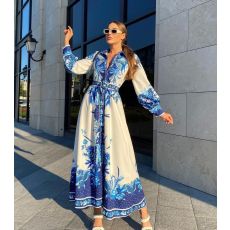 Royal Long Flowers Dress - Vit Blå