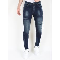 Mörkblå Stonewash Jeans Med Hål Och Streck -MM