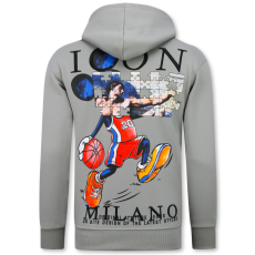 Överdimensionerad Hoodie Herr Med Huva - ICON Puzzle Milano Print - Tjock Vävd - Grå