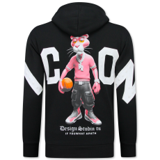 Överdimensionerad Hoodie Herr Med Huva - ICON Panther Print - Tjock Vävd - Svart