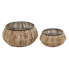 Krukset DKD Home Decor Svart Naturell Metall Rattan Fyrkantig Bali 50 x 50 x 25,4 cm (2 antal)
