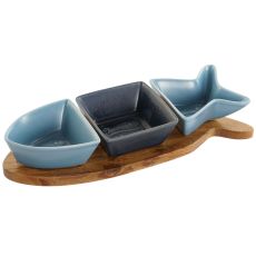 Tilltuggsset Home ESPRIT Blå Marinblå Porslin Akaciaträ Fisk Medelhavs 28 x 9,7 x 1,3 cm 4 Delar