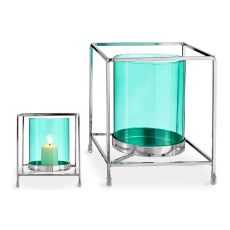 Ljusstakar Fyrkantig Silvrig Blå 14 x 15,5 x 14 cm Metall Glas