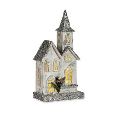 Prydnadsfigur Krist+ Vit Grå Glitter Hus Jul 22 x 45 x 11 cm LED Ljus