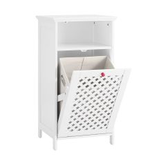 BZR211-W Badrumsskåp med tvättkorg och öppet fack – badrumsskåp av E1 MDF och fleece-tyg, kan belastas upp till 30 kg badrumsskåp med flätade dörrar och röda handtag 45 x 41,5 x 87 cm