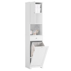 BZR216-W Badrumsskåp med Tvättkorg – 40×38×180 cm | Smalt Förvaringsskåp med Låda, Justerbar Hylla & 45L Tvättkorg – Perfekt för Små Badrum & WC