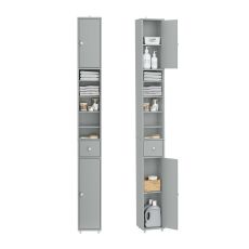 BZR34-II-HG Hög Badrumsförvaringsskåp – Fristående Smalt Badrumsskåp, Vattenresistent MDF med Justerbara Hyllor och Låda – Kompakt Badrumsmöbel, Grått, B20 x D20 x H180cm