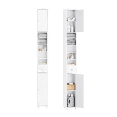 BZR34-II-W Hög Förvaringsskåp för Badrum – Fristående Smalt Badrumsskåp, Vattentåligt med Justerbara Hyllor och Låda – Kompakt Badrumsmöbel i Trä, Vit, B20 x D20 x H180cm