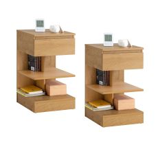 FBT49-Nx2 Sängbord – 2-pack med 1 låda & 2 hyllor, Modern Förvaringsmöbel för Sovrum, L39 x D39 x H65 cm, Naturlig
