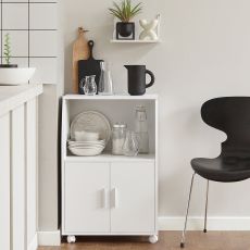 Kökshylla till mikrovågsugn Köksskåp med hjul Sideboard med 2 dörrar, vit Längd 55 cm Bredd 38 cm Höjd 84 cm FRG241-W