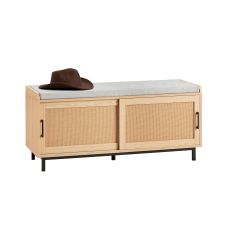 FSR154-N Förvaringsbänk för Skor, Sittbänk med Rullande Dörrar och Filtad Sits, Rattan Framsida, 110 x 40 x 49 cm