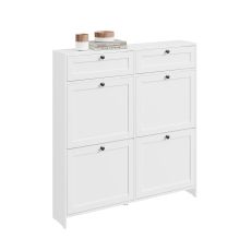FSR208-W smalt skoskåp – smal design för små utrymmen – vit MDF-skohylla med 4 svängdörrar och 2 lådor – rymmer upp till 12 par skor – 100 x 19 x 107 cm