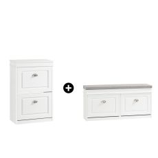 Skoförvaringsset Vitt FSR64-W + FSR78-W – Skobänk med Sittdyna & Skoskåp med 2 Fällbara Luckor, Smalt Entrémöbel, 2-delars Set