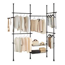 KLS04-II-SCH Teleskopiskt Klädställ, Robust Klädhängare, Justerbar Öppen Garderob med Klädstänger och Hyllor för Sovrum, Walk-in-Garderob, Svart