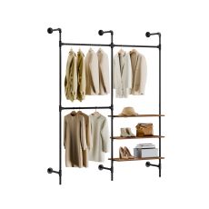 KLS18-SCH Väggmonterat klädställ, fast rörklädhylla med 3 klädstänger och 3 MDF-hyllor, platsbesparande öppen garderob, industriell svart