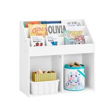 KMB01-II-W Barnbokhylla & Leksaksförvaring – 3 Hyllor och 2 Öppna Fack, Vit, 68×30×68 cm