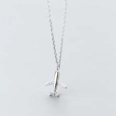 Silver Airplane Necklace with Zirconia Stone
