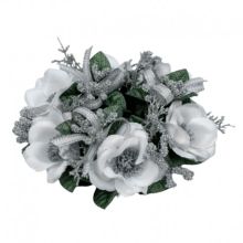 Ljusmanschett jul för blockljus med vita blommor och silverfärgade band
