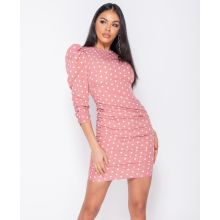 Polka Dot Puff Sleeve Ruching Detalj Bodycon Dress - Pink