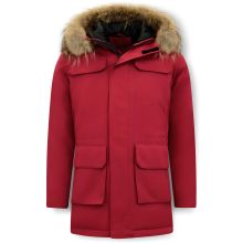 Män Parka Vinterjacka - Large Real Fur Collar - Röd