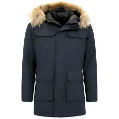 Män Parka Vinterjacka - Large Real Fur Collar - Blå
