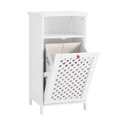 BZR211-W Badrumsskåp med tvättkorg och öppet fack – badrumsskåp av E1 MDF och fleece-tyg, kan belastas upp till 30 kg badrumsskåp med flätade dörrar och röda handtag 45 x 41,5 x 87 cm