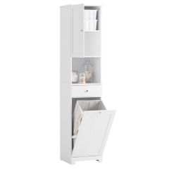 BZR216-W Badrumsskåp med Tvättkorg – 40×38×180 cm | Smalt Förvaringsskåp med Låda, Justerbar Hylla & 45L Tvättkorg – Perfekt för Små Badrum & WC