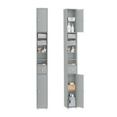 BZR34-II-HG Hög Badrumsförvaringsskåp – Fristående Smalt Badrumsskåp, Vattenresistent MDF med Justerbara Hyllor och Låda – Kompakt Badrumsmöbel, Grått, B20 x D20 x H180cm