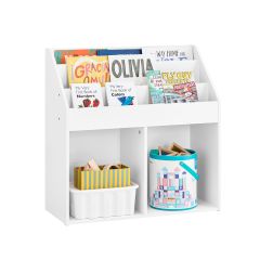 KMB01-II-W Barnbokhylla & Leksaksf&ouml;rvaring &ndash; 3 Hyllor och 2 &Ouml;ppna Fack, Vit, 68&times;30&times;68 cm